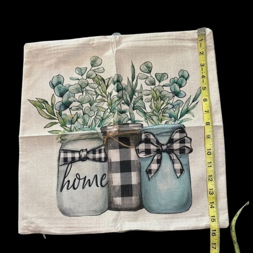 Farmhouse Style Burlap Pillow Covers Two Beige Blue Green NWOT